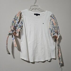 Tommy Hilfiger Womens White Floral Puff Sleeve Tie Cuff T-Shirt Size M